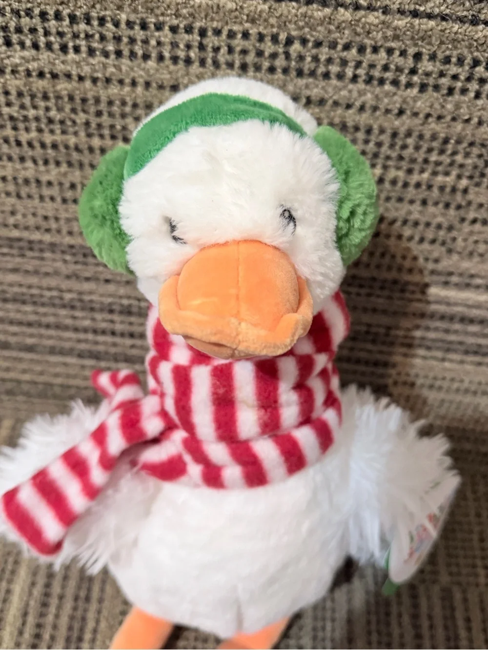 Plush White Duck Toy with Green Earmuffs and Red Striped Scarf